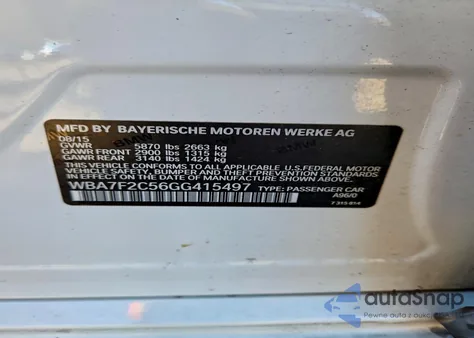 2016 BMW 750 Xi from USA, damaged, VIN WBA7F2C56GG415497